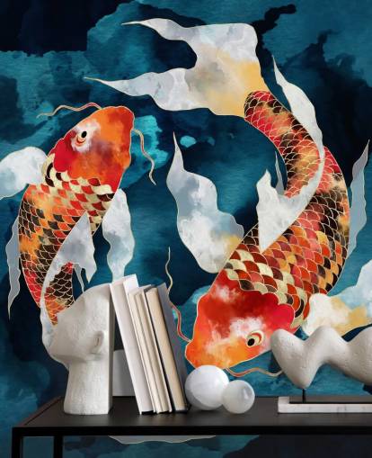 peixe koi laranja em águas azuis escuras papel de parede