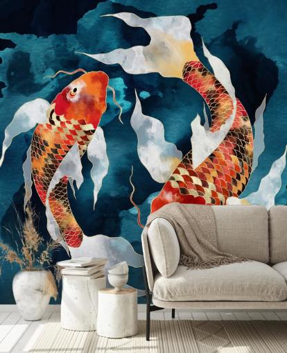oranje koi vis in donkerblauw water behang