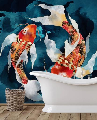 oranje koi vis in donkerblauw water behang oranje koi vis in donkerblauw water behang