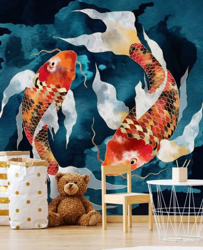 carta da parati con pesci koi arancioni in acque blu scuro