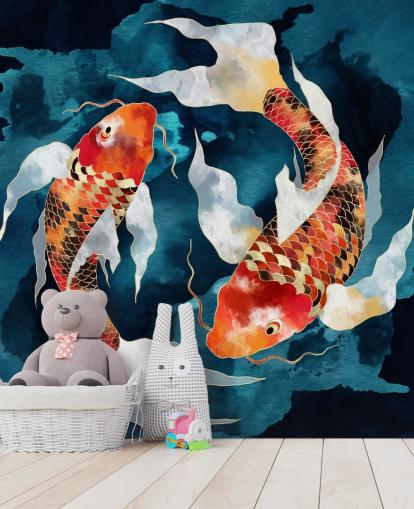 carta da parati con pesci koi arancioni in acque blu scuro