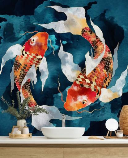 orange koi fish in dark blue waters wallpaper