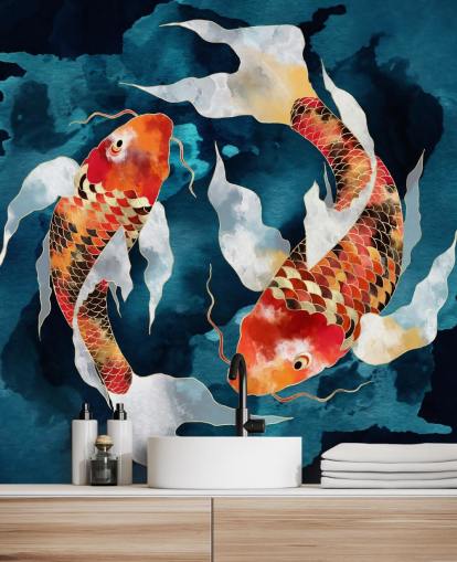 orange koi fish in dark blue waters wallpaper