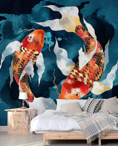 fond d'écran de poissons koï orange dans les eaux bleu foncé