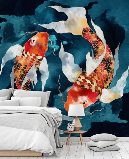 carta da parati con pesci koi arancioni in acque blu scuro
