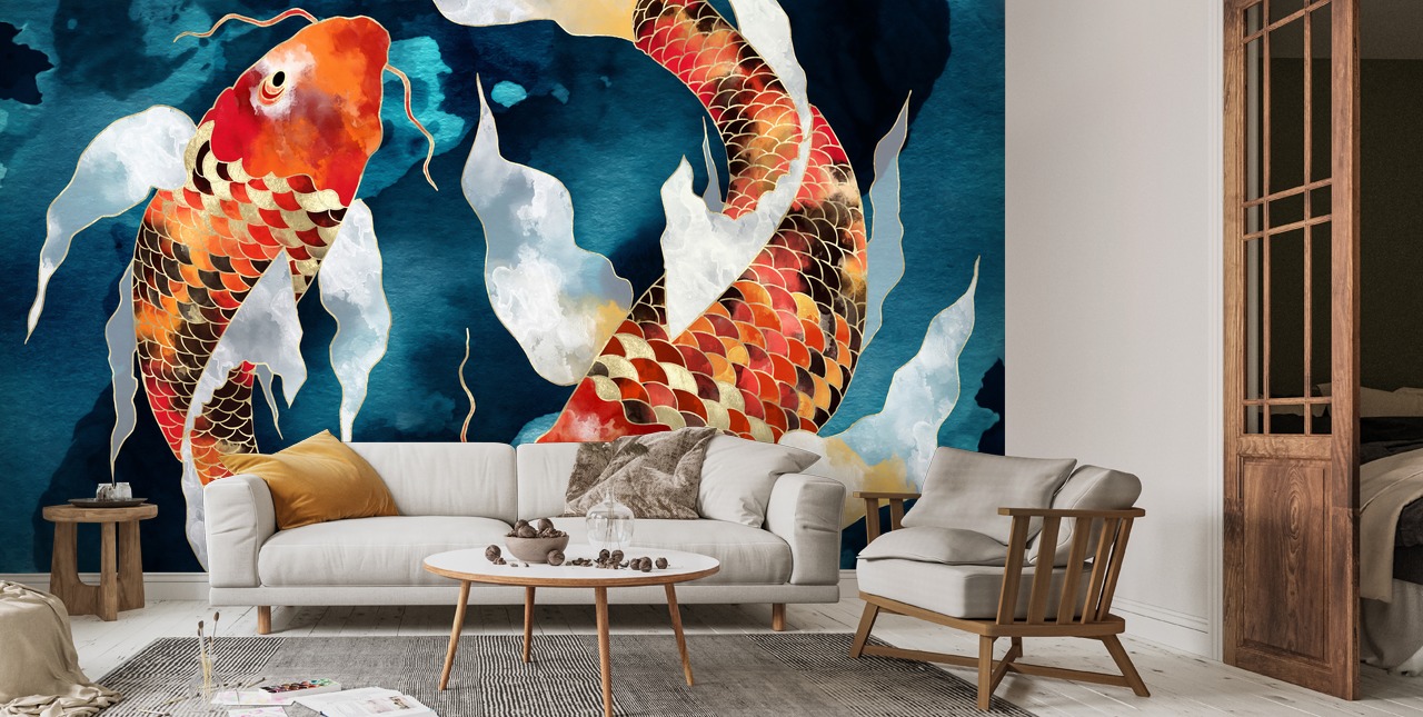 Quadro Poster Astratto Con Nove Pesci Koi - Stampa Su Tela Non Incorniciata
