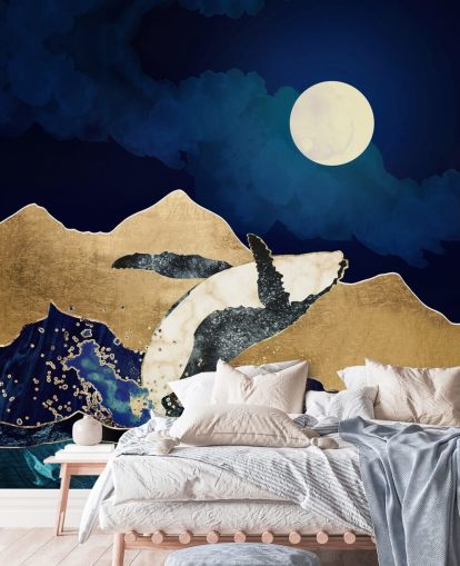 balena astratta salta fuori dalle acque carta da parati