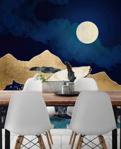 balena astratta salta fuori dalle acque carta da parati