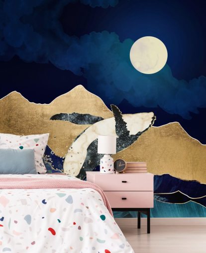 abstracte walvis die uit het water springt behang