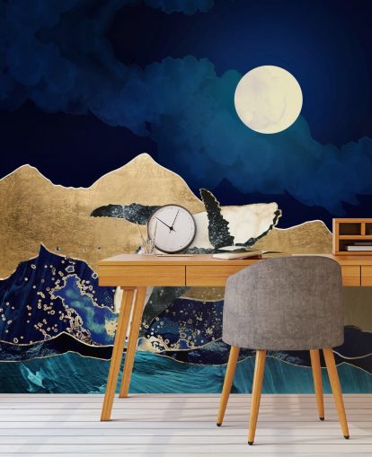 abstracte walvis die uit het water springt behang