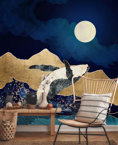 balena astratta salta fuori dalle acque carta da parati