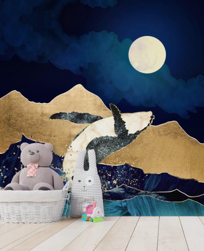 balena astratta salta fuori dalle acque carta da parati