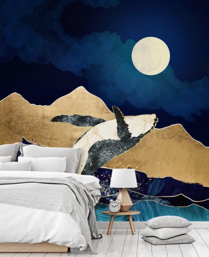 abstracte walvis die uit het water springt behang