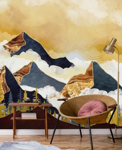 papel pintado montañas abstractas doradas y grises