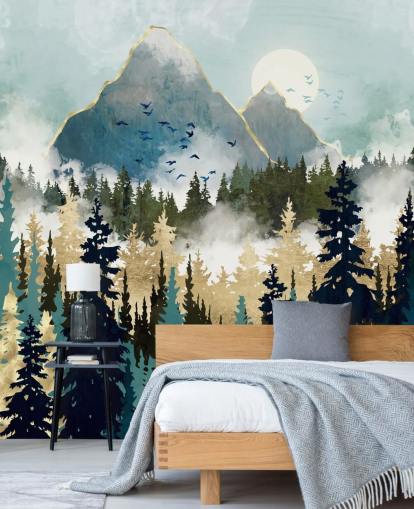 mural abstracto de bosque verde y dorado llamado Misty Pines de SpaceFrog Designs para dormitorios y salones