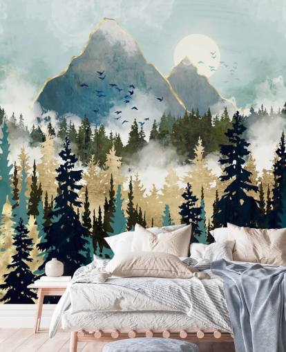 mural de papel de parede florestal abstrato verde e dourado chamado Misty Pines da SpaceFrog Designs para quartos e salões