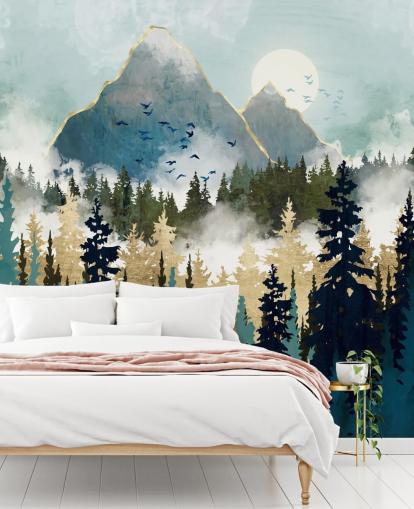 groene en gouden abstracte bosbehangmuurschildering genaamd Misty Pines van SpaceFrog Designs voor slaapkamers en lounges