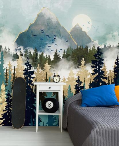 green and gold abstract forest wallpaper mural called Misty Pines by SpaceFrog Designs for bedrooms and lounges green and gold abstract forest wallpaper mural called Misty Pines by SpaceFrog Designs for bedrooms and lounges