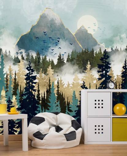 green and gold abstract forest wallpaper mural called Misty Pines by SpaceFrog Designs for bedrooms and lounges