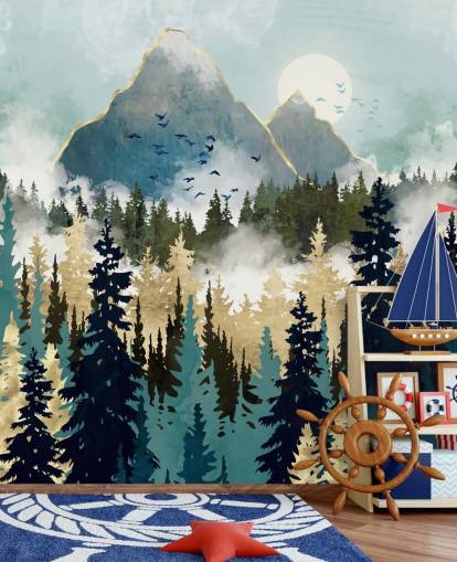 carta da parati murale astratta verde e oro chiamata Misty Pines di SpaceFrog Designs per camere da letto e salotti