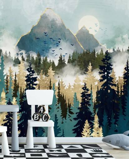 mural de papel de parede florestal abstrato verde e dourado chamado Misty Pines da SpaceFrog Designs para quartos e salões