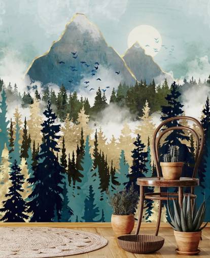 green and gold abstract forest wallpaper mural called Misty Pines by SpaceFrog Designs for bedrooms and lounges