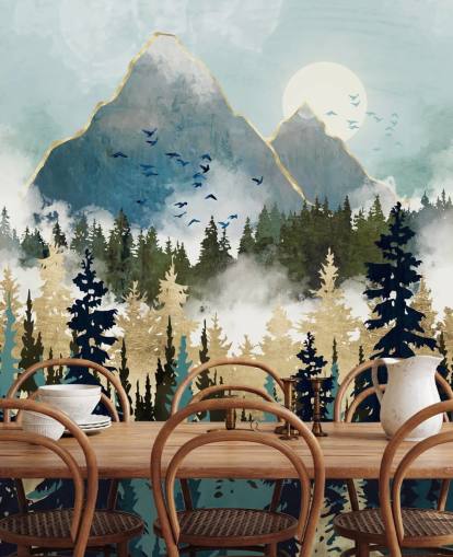 carta da parati murale astratta verde e oro chiamata Misty Pines di SpaceFrog Designs per camere da letto e salotti