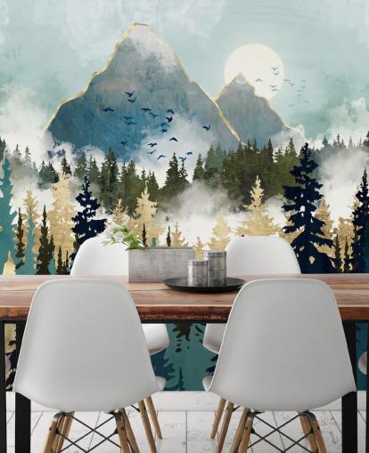 green and gold abstract forest wallpaper mural called Misty Pines by SpaceFrog Designs for bedrooms and lounges