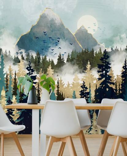 carta da parati murale astratta verde e oro chiamata Misty Pines di SpaceFrog Designs per camere da letto e salotti