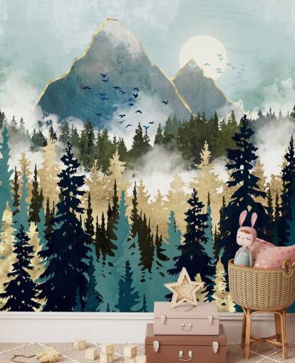 green and gold abstract forest wallpaper mural called Misty Pines by SpaceFrog Designs for bedrooms and lounges