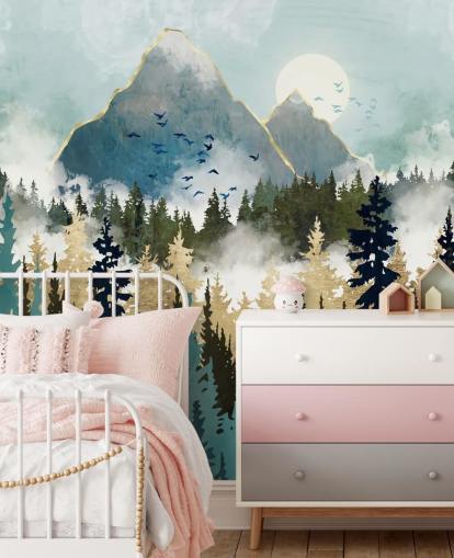 mural de papel de parede florestal abstrato verde e dourado chamado Misty Pines da SpaceFrog Designs para quartos e salões