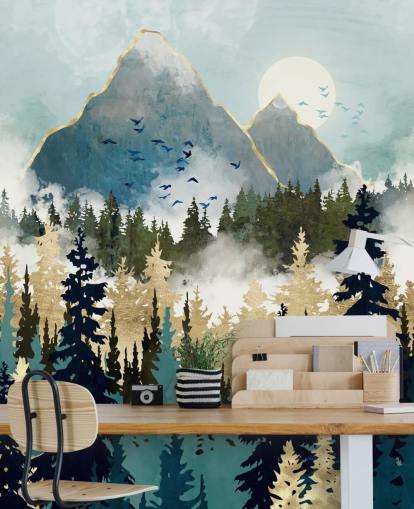 green and gold abstract forest wallpaper mural called Misty Pines by SpaceFrog Designs for bedrooms and lounges