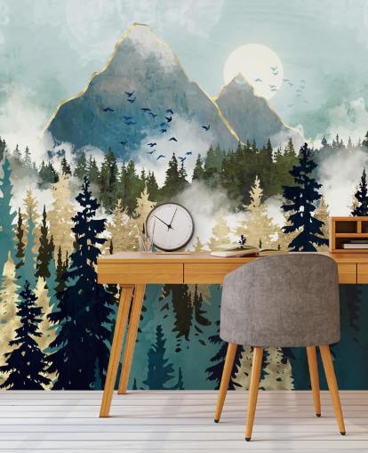 grön och guld abstrakt skogstapetväggmålning kallad Misty Pines av SpaceFrog Designs för sovrum och lounger