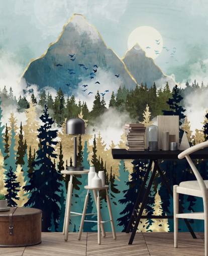 Grünes und goldenes abstraktes Waldtapeten-Wandbild namens Misty Pines von SpaceFrog Designs für Schlafzimmer und Lounges