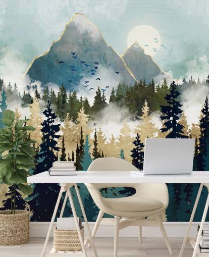 mural abstracto de bosque verde y dorado llamado Misty Pines de SpaceFrog Designs para dormitorios y salones