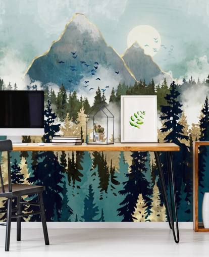 mural abstracto de bosque verde y dorado llamado Misty Pines de SpaceFrog Designs para dormitorios y salones mural abstracto de bosque verde y dorado llamado Misty Pines de SpaceFrog Designs para dormitorios y salones