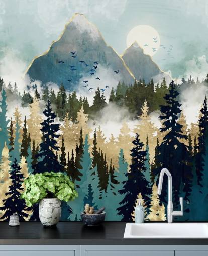 Grünes und goldenes abstraktes Waldtapeten-Wandbild namens Misty Pines von SpaceFrog Designs für Schlafzimmer und Lounges