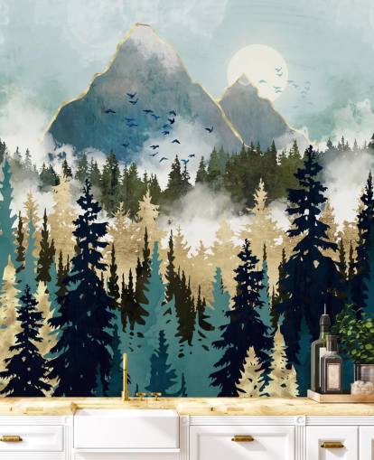 green and gold abstract forest wallpaper mural called Misty Pines by SpaceFrog Designs for bedrooms and lounges