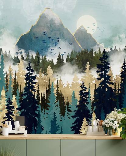 carta da parati murale astratta verde e oro chiamata Misty Pines di SpaceFrog Designs per camere da letto e salotti