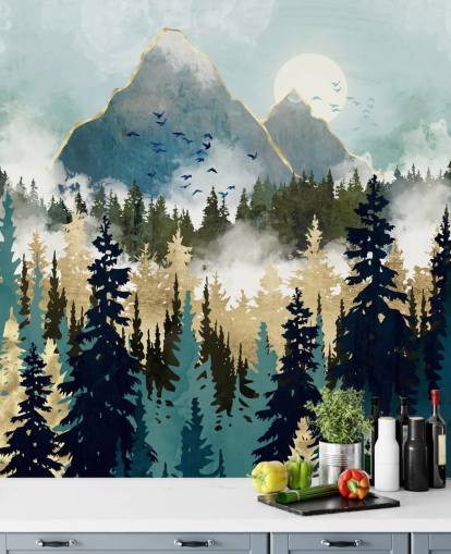 Grünes und goldenes abstraktes Waldtapeten-Wandbild namens Misty Pines von SpaceFrog Designs für Schlafzimmer und Lounges