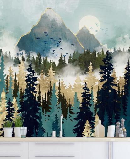 mural de papel de parede florestal abstrato verde e dourado chamado Misty Pines da SpaceFrog Designs para quartos e salões