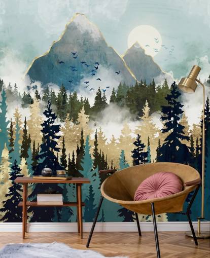green and gold abstract forest wallpaper mural called Misty Pines by SpaceFrog Designs for bedrooms and lounges