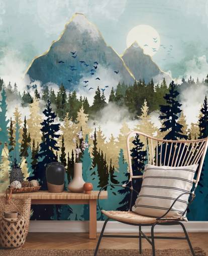 groene en gouden abstracte bosbehangmuurschildering genaamd Misty Pines van SpaceFrog Designs voor slaapkamers en lounges