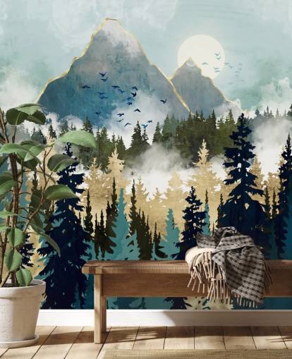 vihreä ja kultainen abstrakti metsätaustakuvamaalaus nimeltään Misty Pines by SpaceFrog Designs makuuhuoneisiin ja oleskelutiloihin