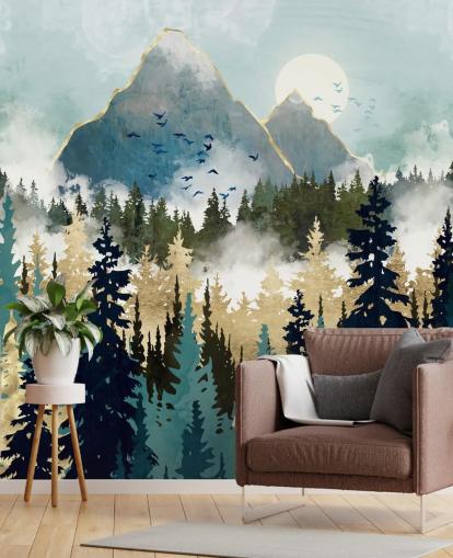 mural abstracto de bosque verde y dorado llamado Misty Pines de SpaceFrog Designs para dormitorios y salones