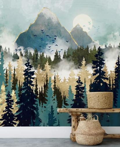 grønt og gull abstrakt skogtapet veggmaleri kalt Misty Pines av SpaceFrog Designs for soverom og salonger