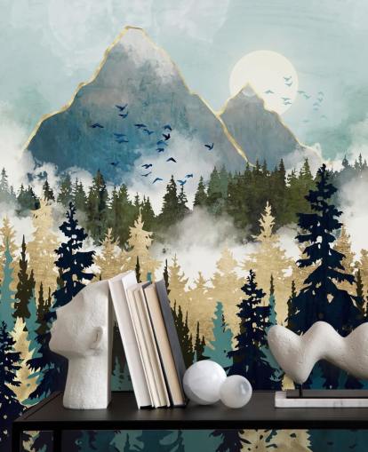 carta da parati murale astratta verde e oro chiamata Misty Pines di SpaceFrog Designs per camere da letto e salotti carta da parati murale astratta verde e oro chiamata Misty Pines di SpaceFrog Designs per camere da letto e salotti