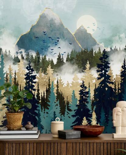 papier peint mural de forêt abstraite vert et or appelé Misty Pines par SpaceFrog Designs pour les chambres et les salons