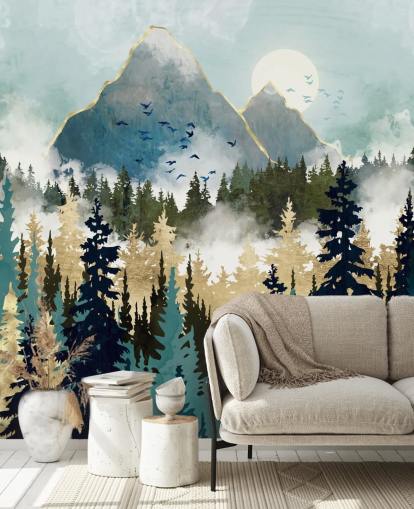 green and gold abstract forest wallpaper mural called Misty Pines by SpaceFrog Designs for bedrooms and lounges