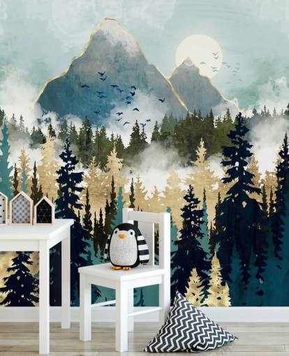 Grünes und goldenes abstraktes Waldtapeten-Wandbild namens Misty Pines von SpaceFrog Designs für Schlafzimmer und Lounges
